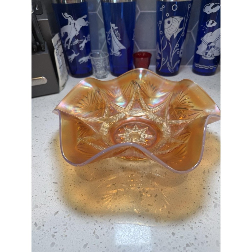 Dugan Peach Marigold Opalescent Ski Star 11" Bowl Carnival Glass